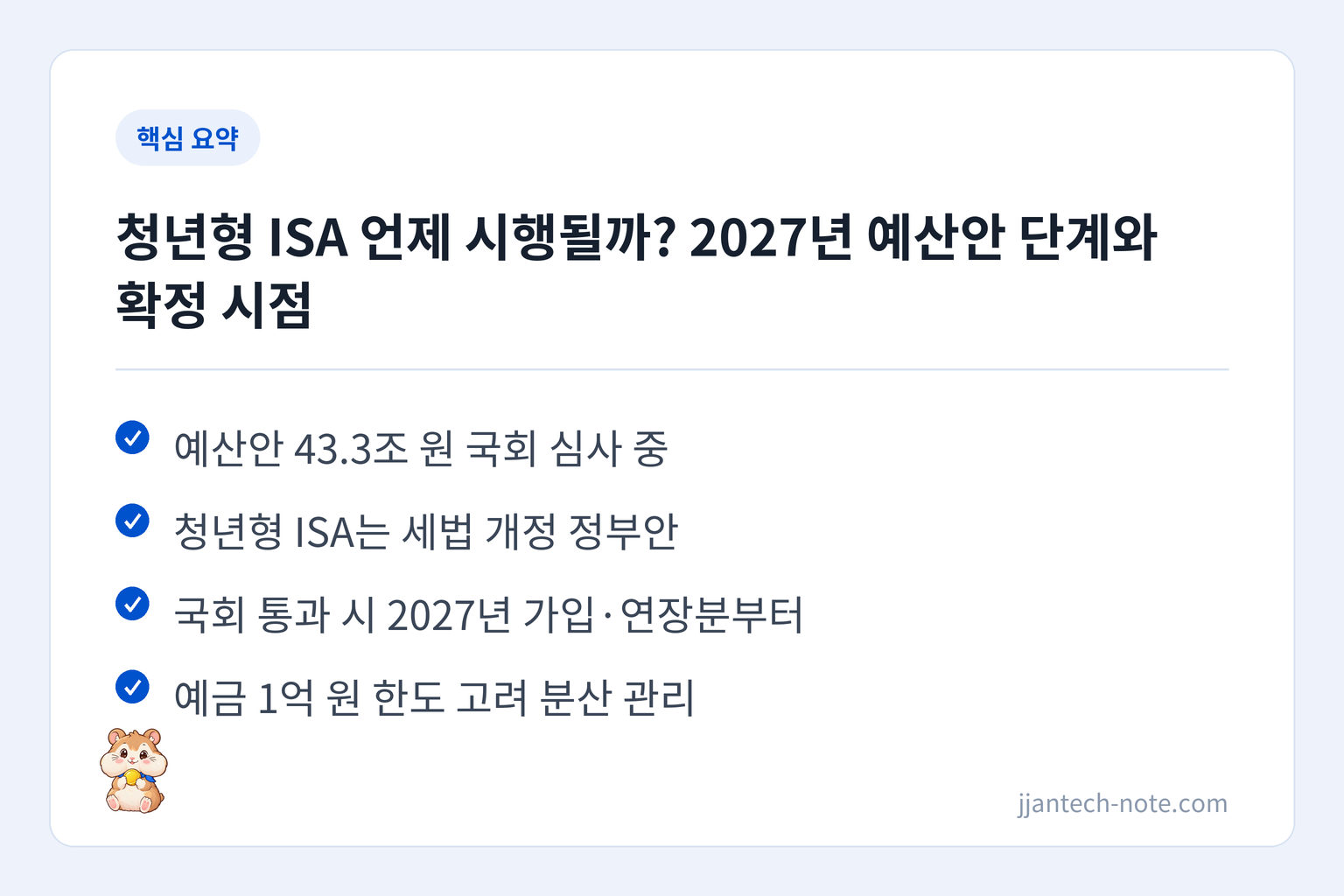 핵심 요약: 예산안 43.3조 원 국회 심사 중 / 청년형 ISA는 세법 개정 정부안 / 국회 통과 시 2027년 가입·연장분부터 / 예금 1억 원 한도 고려 분산 관리